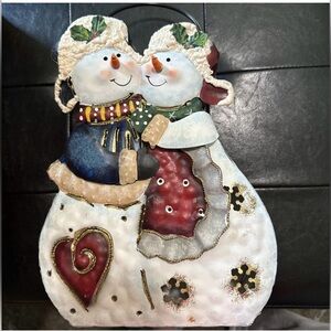 Home Interiors Snowman Tin 2 Snowmen Hugging votive Holder.